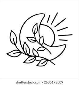 Mystical moon clipart in black and white color - Magical Celestial graphic, hand drawn vector illustration in flat style.
