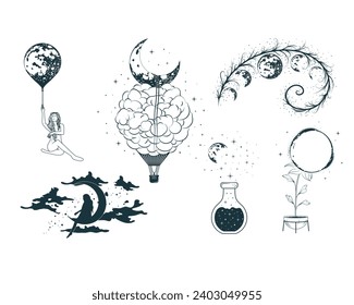 Mystical moon collection. Celestial prints for tattoo design and labels. Vector illustration in boho style