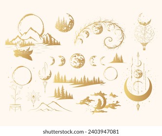 Mystical moon collection.  Golden celestial prints isolated on white background. Spiritual tattoo. Vector illustration in boho style