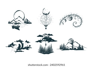 Mystical moon collection.  Six prints for tattoo,  t-shirt and label. Vector illustration in boho style