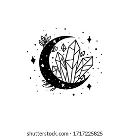 Mystical Moon With Crystal And Stars. Stars, Constellations, Moon, Crystals. Hand Drawn Astrology Symbol. For Print For T-shirts And Bags, Decor Element. Mystical And Magical, Astrology Illustration