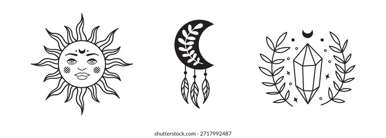 Lua mística, cristal e conjunto celeste sol. Ilustração vetorial esotérica vintage com arte de linha de boho, símbolos de astrologia e elementos de design de tarô retro.