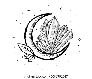 Mystical Moon With Crystals, Stars And Leaves. Hand Drawn Astrology Symbol. Gem Stone Mineral Alternative Medicine And Crystal Treatment Symbol. Vector Linear Drawing Sketch Isolated Illustration