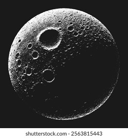 Mystical moon or dwarf planet with rugged surface and high contrast in stippling style. Grunge black and white retro styled dotwork. Pointillism. Noisy grainy shading using dots. Vector illustration