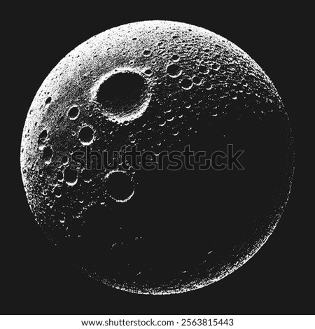 Mystical moon or dwarf planet with rugged surface and high contrast in stippling style. Grunge black and white retro styled dotwork. Pointillism. Noisy grainy shading using dots. Vector illustration