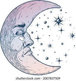 The mystical moon from the face. Handmade vector art illustration. Made with pen and ink.