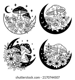 Mystical moon with flower and mushroom,Flower Moon,Magic and Celestial vector illustration Collections