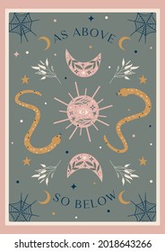 Mystical moon illustrated card with snake and esoteric elements. Celestial occult concept graphic.