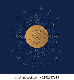 Mystical moon illustration Golden Sunshine. Mystical postcard with quote. Cute elegant collection of cosmic elements.