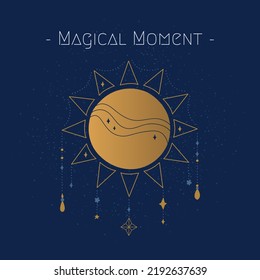 Mystical moon illustration Magical Moment. Mystical postcard with quote. Cute elegant collection of cosmic elements.