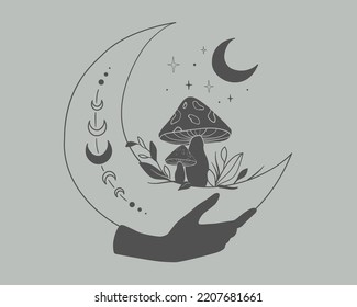 Mystical moon with mushrooms on gray. Cosmic moon. Witchy tattoo. Hand drawn mystical magic mushrooms with moon and stars