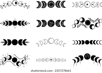 Mystical moon phases collection, celestial clipart, hand drawn line art mystical isolated symbols, magic illustration