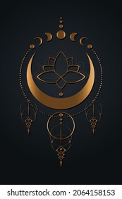 Mystical Moon Phases, Lotus Flower, Sacred geometry. Old Gold sign, half moon pagan Wiccan goddess symbol, silhouette wicca banner sign, energy circle, boho style vector isolated on black background