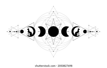 Mystical Moon Phases, Sacred Geometry. Triple Moon And Black Cats, Pagan Wiccan Goddess Symbol, Silhouette Wicca Banner Sign, Energy Circle, The Wheel Of The Year Concept, Vector Isolated On White 