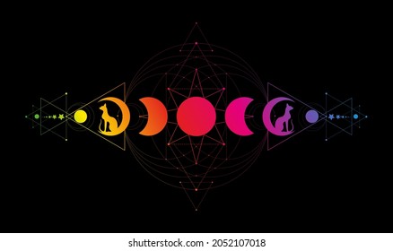 Fases místicas de la luna, geometría sagrada. Luna triple y gatos negros, espectro colorido símbolo pagano de la diosa Wiccan, símbolo de la bandera de la silueta wicca, círculo de energía, vector aislado en fondo negro 