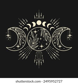 Mystische Mondphasen mit Sternen und Pflanzen. Handgezeichnetes Astrologie-Symbol. Für T-Shirts und Taschen, Dekorelement.