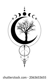 Mystical Moon Phases, tree of life, Sacred geometry. Triple moon, half moon pagan Wiccan goddess symbol, silhouette wicca banner sign, energy circle, boho style vector isolated on white background