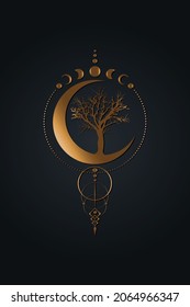 Mystical Moon Phases, tree of life, Sacred geometry. Triple moon, half moon pagan Wiccan goddess symbol, old golden wicca banner sign, energy circle, boho style vector isolated on black background svg