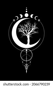 Mystical Moon Phases, tree of life, Sacred geometry. Triple moon, half moon pagan Wiccan goddess symbol, silhouette wicca banner sign, energy circle, boho style vector isolated on black background