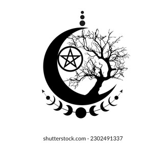 Mystical Moon Phases, tree of life and Wicca pentacle. Sacred geometry. Logo,Triple moon, half moon pagan Wiccan goddess symbol, energy circle, boho style vector isolated on white background svg