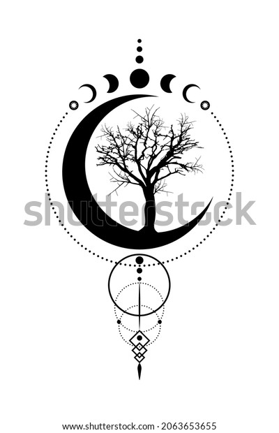 Mystical Moon Phases, tree of life, Sacred\
geometry. Triple moon, half moon pagan Wiccan goddess symbol,\
silhouette wicca banner sign, energy circle, boho style vector\
isolated on white\
background