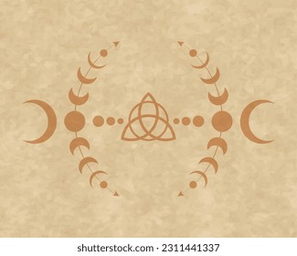 Mystical Moon Phases  Wicca frame. Triquetra Sacred geometry. Logo, Wiccan triple goddess symbol, energy circle, retro boho style vector isolated on vintage background