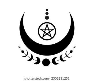 Fases místicas de la luna y pentáculo Wicca. Geometría sagrada. Logo, luna creciente, media luna, símbolo pagano de la diosa Wiccan, círculo de energía, vector de estilo boho aislado en fondo blanco