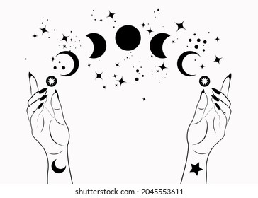 Mystical moon phases and woman hands, Triple moon pagan Wiccan goddess symbol, alchemy esoteric magic space, sacred wheel of the year, vector isolated on white background svg
