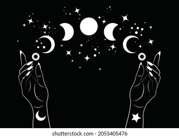 Mystical moon phases and woman hands, Triple moon pagan Wiccan goddess symbol, alchemy esoteric magic space, sacred wheel of the year, vector isolated on black background