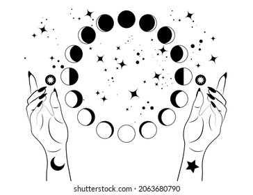 Mystical moon phases and woman hands, Triple moon pagan Wiccan goddess symbol, alchemy esoteric magic space, sacred wheel lunar cycle, vector isolated on white background