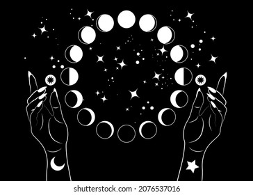 Mystical moon phases and woman hands, Triple moon pagan Wiccan goddess symbol, alchemy esoteric magic space, sacred wheel lunar cycle, vector isolated on black background