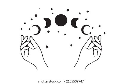 Mystical moon phases and woman hands, Triple moon pagan Wiccan goddess symbol, alchemy esoteric magic space, sacred wheel of the year, vector isolated on white background.