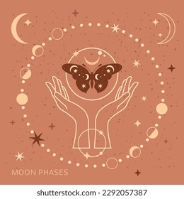 Mystical moon phases and woman hands and moth, alchemy esoteric magic space, sacred wheel of the year, vector isolated on beige background