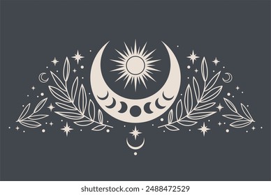 Mystical moon with plants and stars.  Astrology symbol. For print for T-shirts and bags, decor element. 