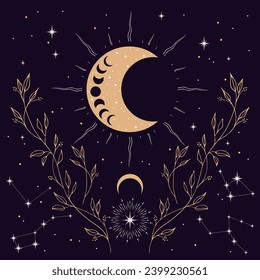 Mystical moon with plants and stars. Stars, constellations, moon,  sun. Hand drawn astrology symbol. For print for T-shirts and bags, decor element.