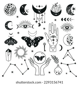 Mystical moon set icons phases and woman hands and moth, alchemy esoteric magic space, vector black isolated on white background