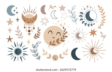 Mystical moon and stars clipart set in boho style - Celestial hand drawn vector collection
