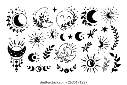 Mystical moon and stars clipart set in black and white color - Celestial hand drawn vector collection
