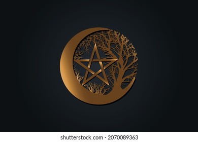 Mystical Moon, tree of life and Wicca pentacle. Sacred geometry. Gold Logo, Crescent, half moon pagan Wiccan goddess symbol, energy circle, tattoo style vector isolated on black background