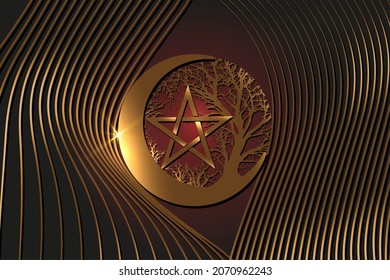 Mystical Moon, tree of life and Wicca pentacle. Sacred geometry. Gold Logo, Crescent, half moon pagan Wiccan goddess symbol, energy circle, tattoo style vector black gold striped background