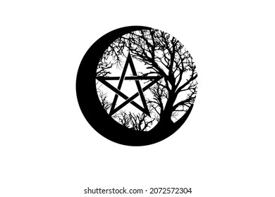 Mystical Moon, tree of life and Wicca pentacle. Sacred geometry. Logo, Crescent moon, half moon pagan Wiccan goddess symbol, energy circle, tattoo style vector isolated on white background
