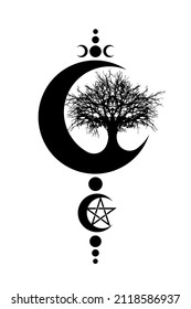 Mystical Moon, Tree Of Life And Wicca Pentacle. Sacred Geometry. Logo, Crescent Moon, Half Moon Pagan Wiccan Triple Goddess Symbol, Energy Circle, Black Tattoo  Vector Isolated On White Background