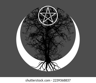 Mystical Moon, tree of life and Wicca pentacle. Sacred geometry. Logo, Crescent moon, half moon pagan Wiccan goddess symbol, energy circle, tattoo style vector isolated on gray background