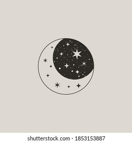 The mystical Moon in a Trendy Boho Style. Vector Icon of a Crescent moon with Stars For the print on the wall, on a t-shirt, tattoo Design, social media post and stories