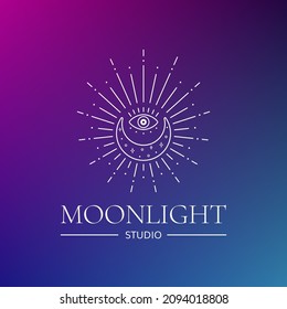 Mystical moon vector logo, boho moonlight line art. Mystic crescent moon logo template. Vector stock illustration