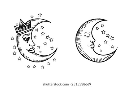 Mystical Moon vector with Stars and Crown,perfectTattoos, Astrology, and Mystical Designs