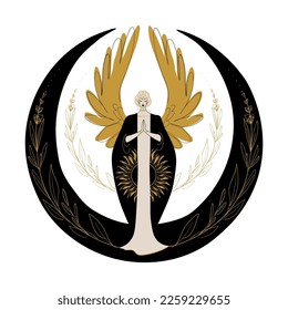 Mystical moon woman angel. Sacred boho tattoo, mystical astrological symbol, esoteric. Emblem for witch, mythical goddess. Vector line art illustration isolated on white.