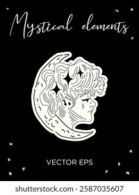 Mystical Moon Woman Vector line art. Perfect for tattoos, prints, branding, and spiritual designs.