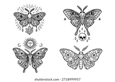 Ilustrações de mariposa mística com crânio, sol, lua, flores e cristais em linha preta