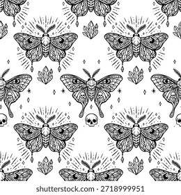 Polilla mística sin patrón oculto boho negro línea de arte